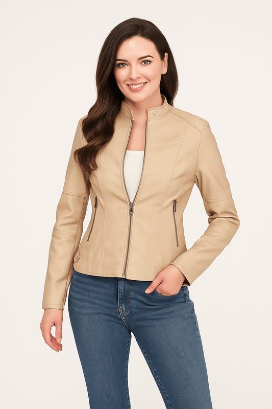 Damjacka i Läder – Skräddarsydd passform – Ståkrage – Dragkedjefickor – Lång ärm