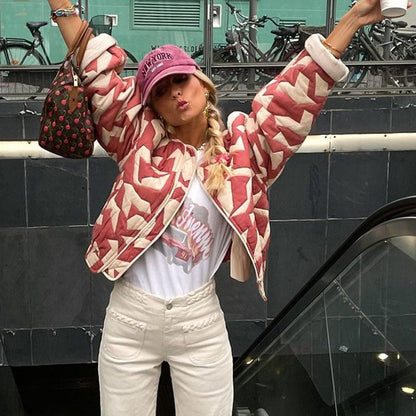 Damjacka Quiltad – Oversize Passform – Blommigt Mönster – Knäppning Fram – Höftlång