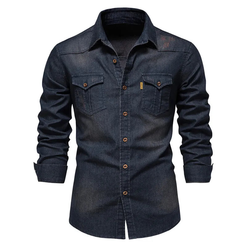 Herrskjorta - Denim - Knappar framtill - Bröstfickor - Klassisk krage