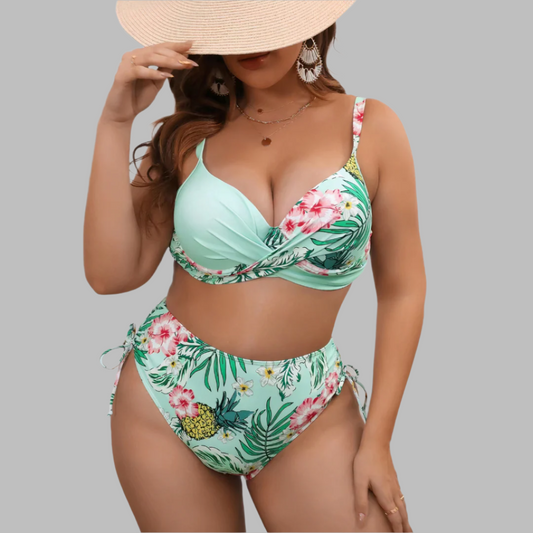 Dam Bikini Set – Twistfront Top – Hög Midja – Justerbara Band – Tropiskt Mönster