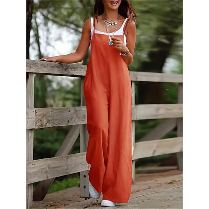 Dam Jumpsuit - Bred Passform - Ankellång - Tunnaxlad med Fickor - Avslappnad Stil