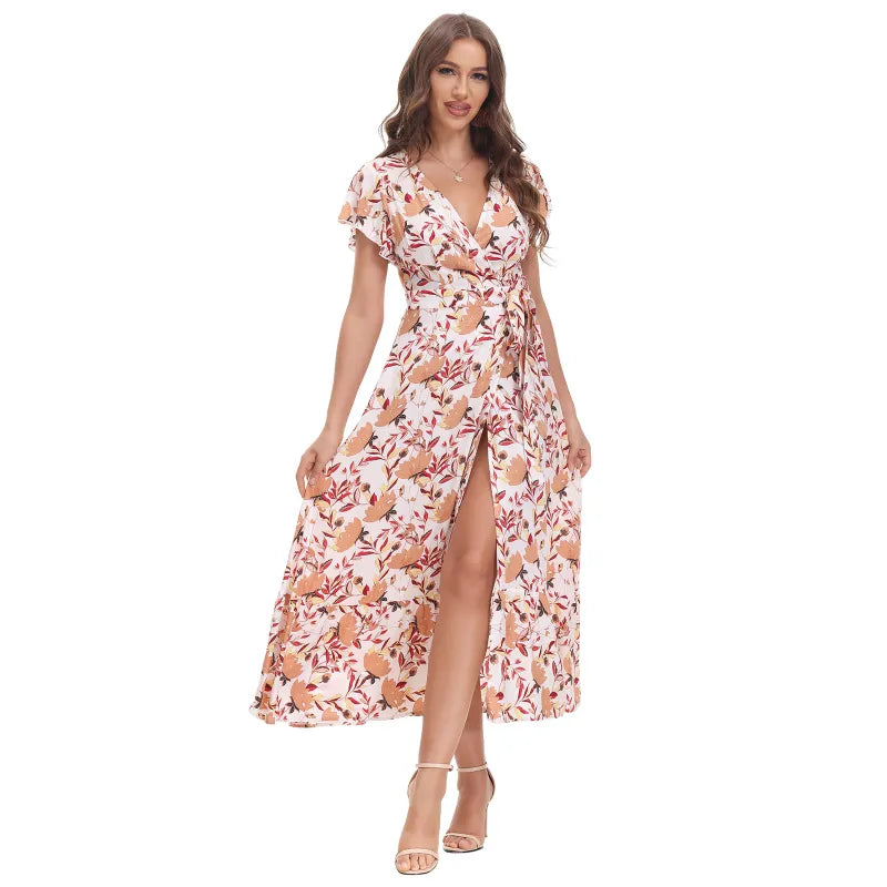 Damklänning - V-ringad klänning med delad bohemisk mönstrad klänning