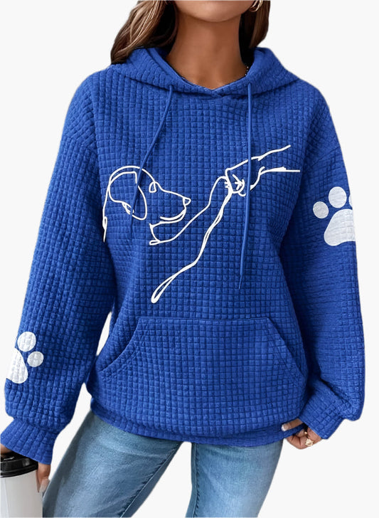 Dam Hoodie – Vaffelstickad – Avslappnad Passform – Hundmotiv – Känguruficka