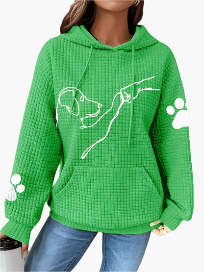 Dam Hoodie – Vaffelstickad – Avslappnad Passform – Hundmotiv – Känguruficka