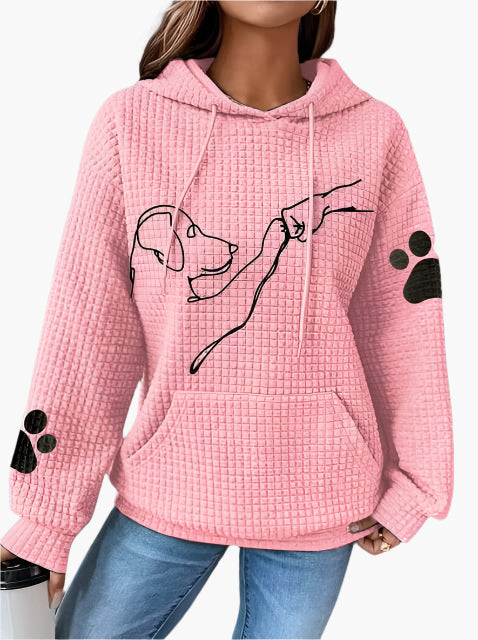 Dam Hoodie – Vaffelstickad – Avslappnad Passform – Hundmotiv – Känguruficka