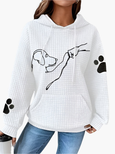 Dam Hoodie – Vaffelstickad – Avslappnad Passform – Hundmotiv – Känguruficka