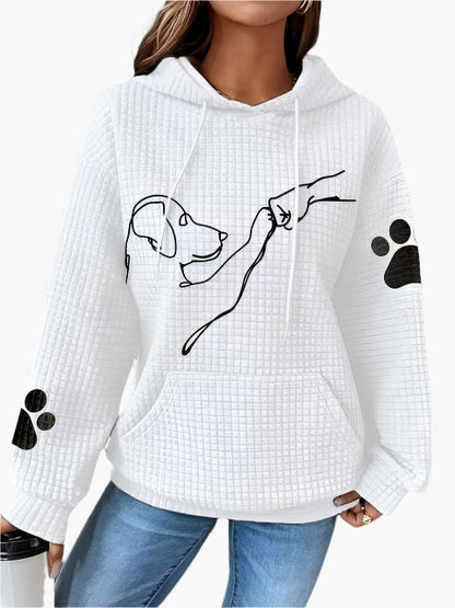 Dam Hoodie – Vaffelstickad – Avslappnad Passform – Hundmotiv – Känguruficka