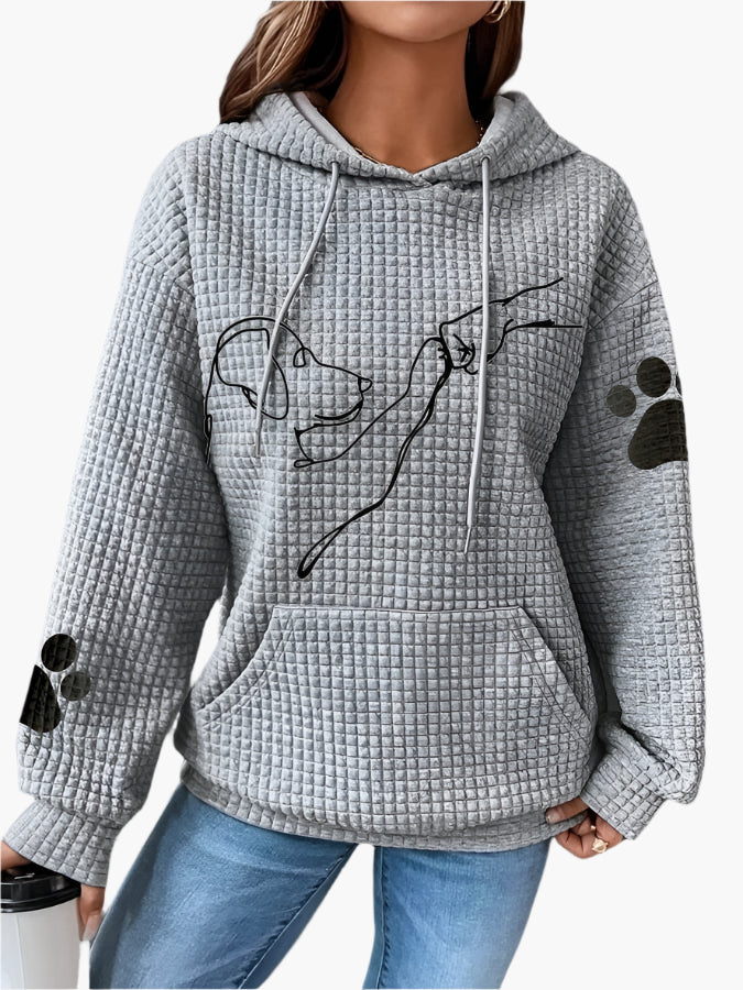 Dam Hoodie – Vaffelstickad – Avslappnad Passform – Hundmotiv – Känguruficka