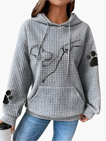 Dam Hoodie – Vaffelstickad – Avslappnad Passform – Hundmotiv – Känguruficka