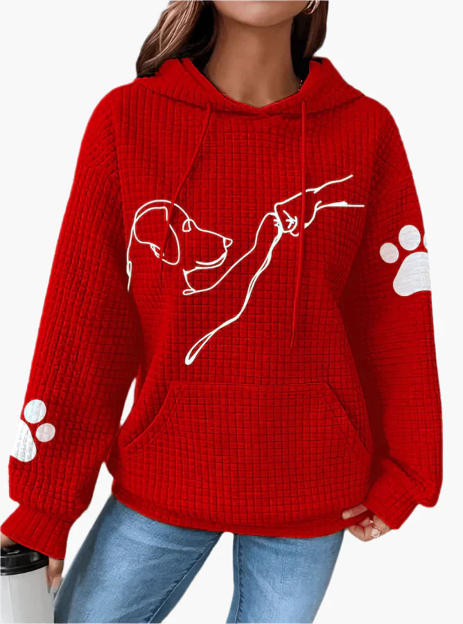 Dam Hoodie – Vaffelstickad – Avslappnad Passform – Hundmotiv – Känguruficka