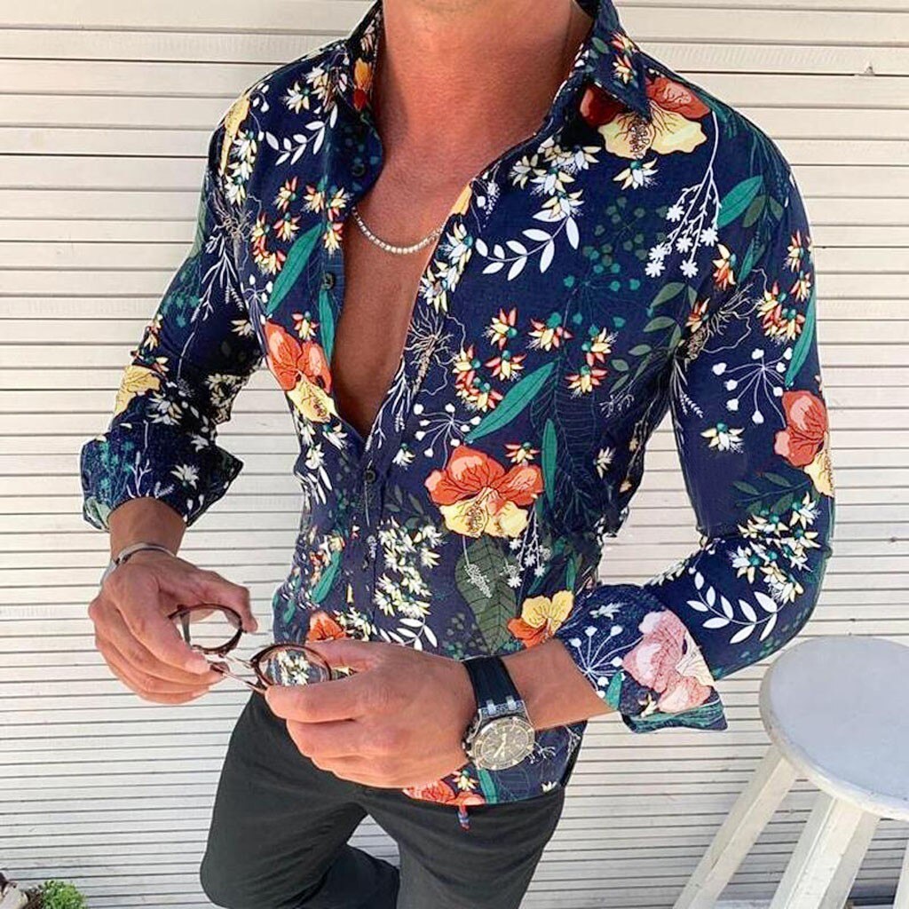 Herr Skjorta - Smal Passform - Långärmad - Blommigt Mönster - Knäppning