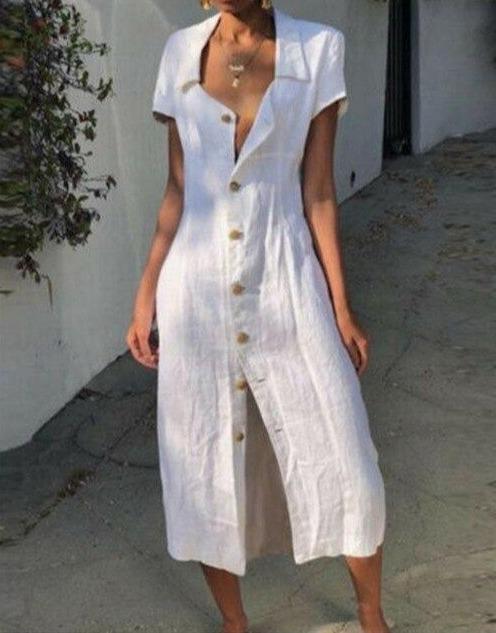 Damklänning midi – Avslappnad passform – Knäppning fram – Naturliga fibrer – Kort ärm