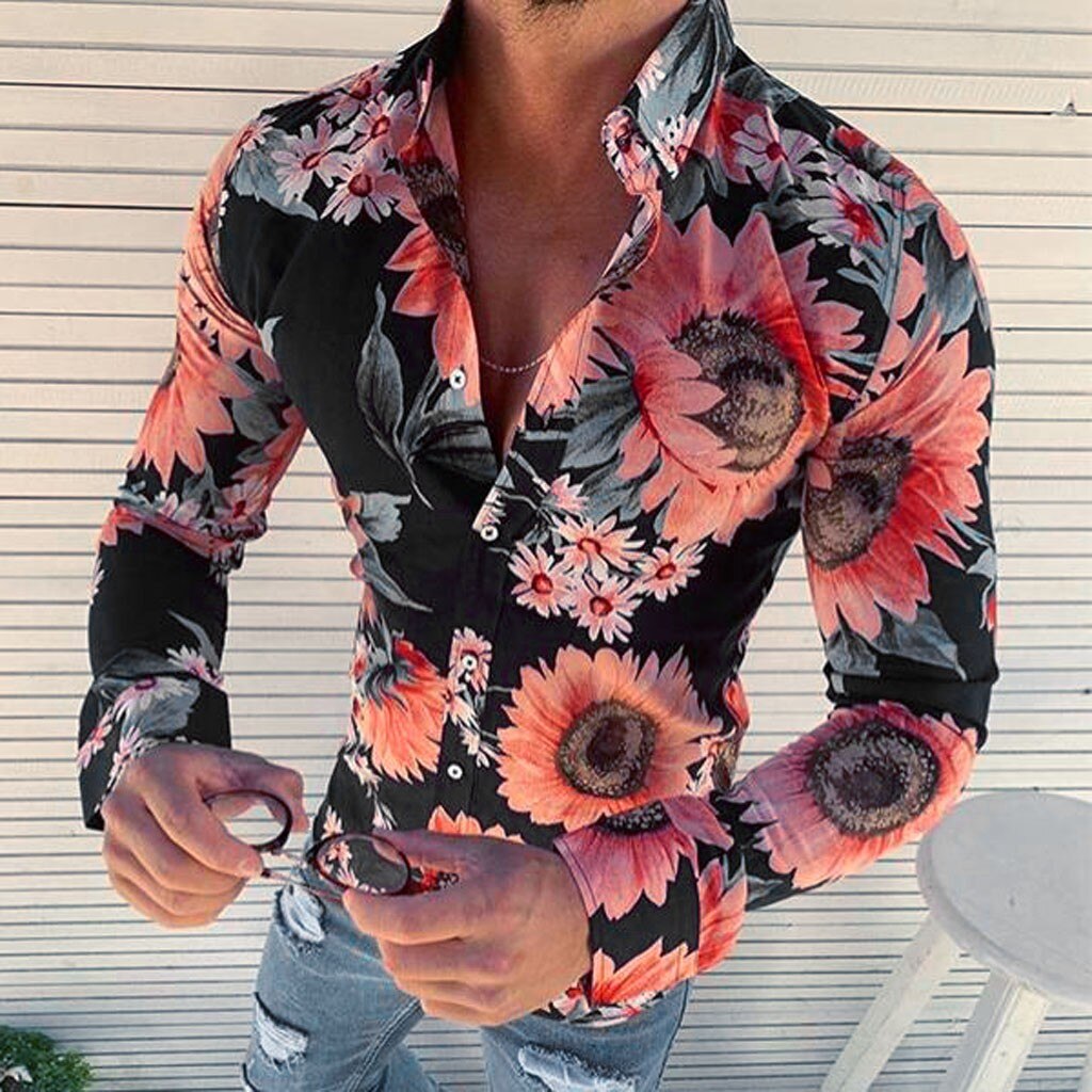 Herr Skjorta - Smal Passform - Långärmad - Blommigt Mönster - Knäppning