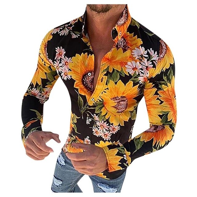 Herr Skjorta - Smal Passform - Långärmad - Blommigt Mönster - Knäppning