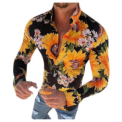 Herr Skjorta - Smal Passform - Långärmad - Blommigt Mönster - Knäppning