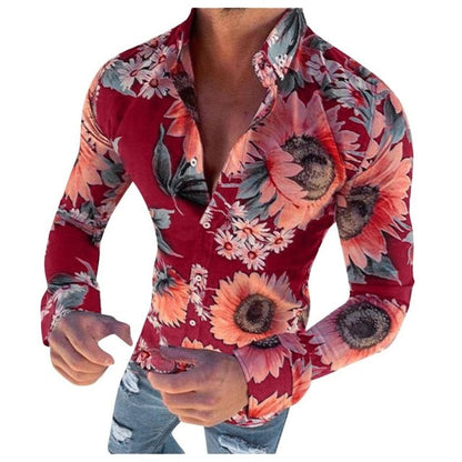 Herr Skjorta - Smal Passform - Långärmad - Blommigt Mönster - Knäppning