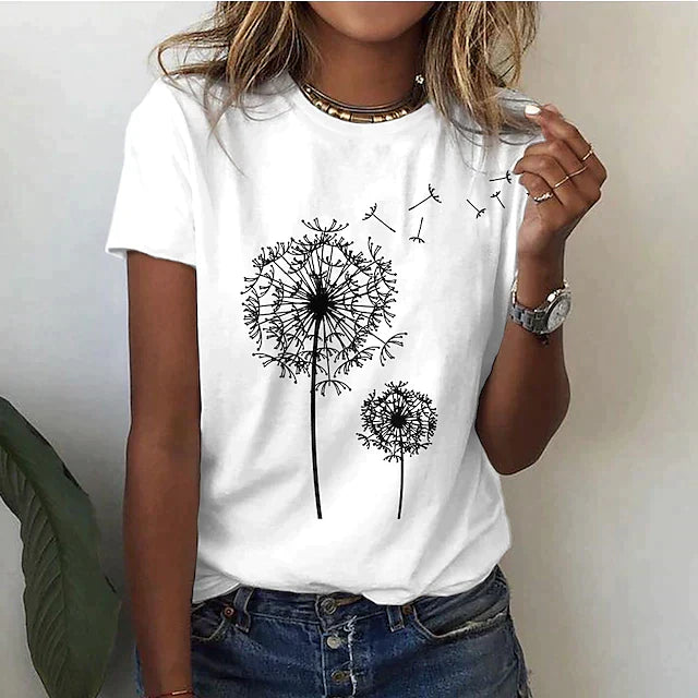 Dam T-shirt – Bomull – Avslappnad Passform – Rund Hals – Kort Ärm – Tryckt Motiv