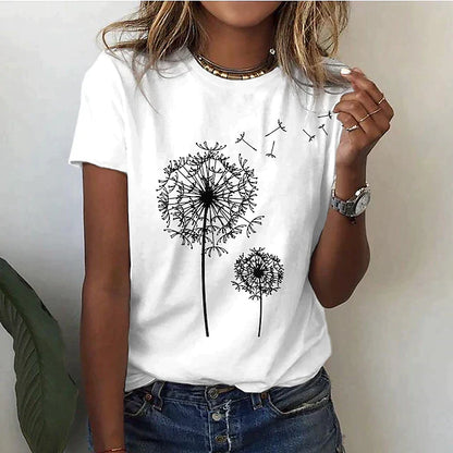Dam T-shirt – Bomull – Avslappnad Passform – Rund Hals – Kort Ärm – Tryckt Motiv
