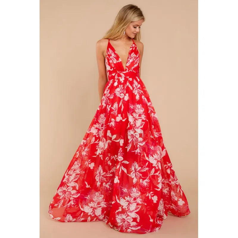 Damsommarklänning med maxi-krage - Djup halsringning - Ärmlös - Blommigt tryck