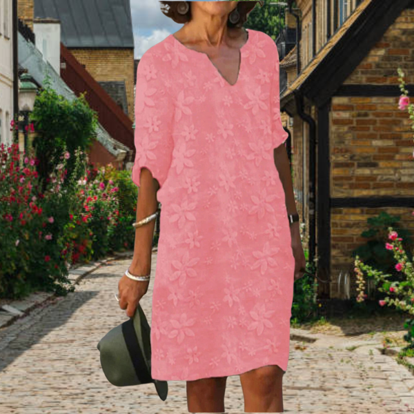 Damklänning – Avslappnad Passform – Knälång – V-ringning – Blombroderad – Luftigt Tyg