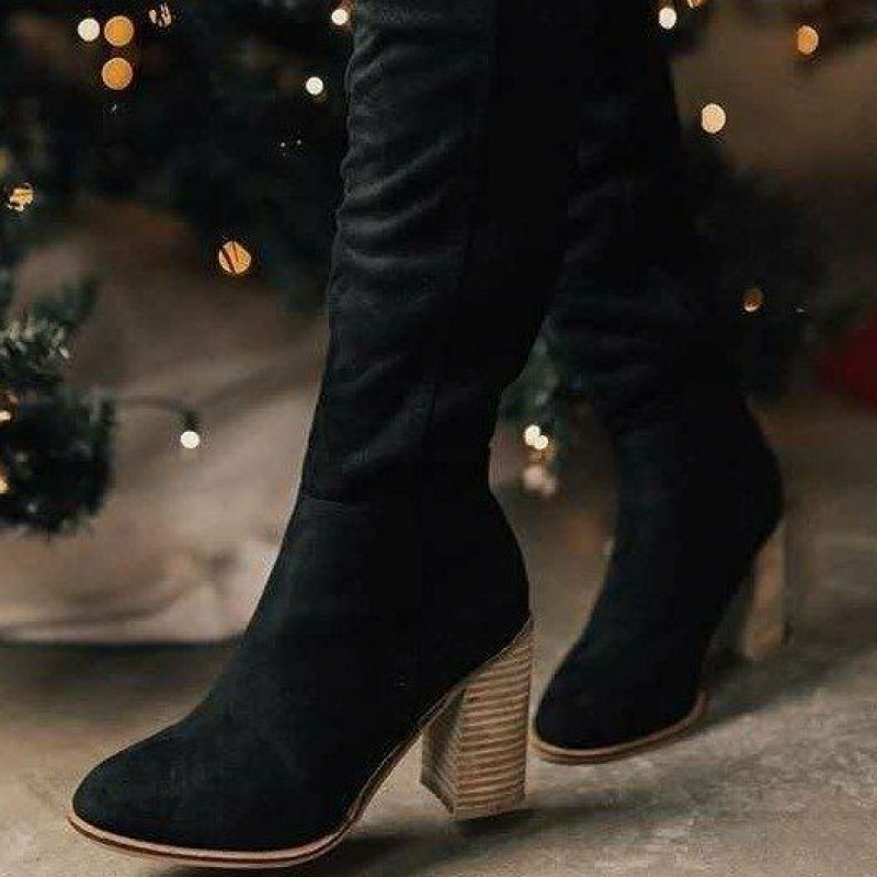 Damstövlar Knähöga – Elegant Passform – Mockaliknande – Blockklack – Spetsig Tå