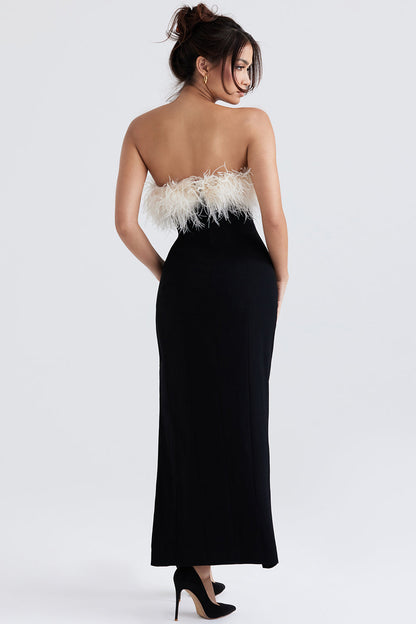 Damklänning för fest – Axelbandslös – Satinkänsla – Fjäderdetalj – Hög slits