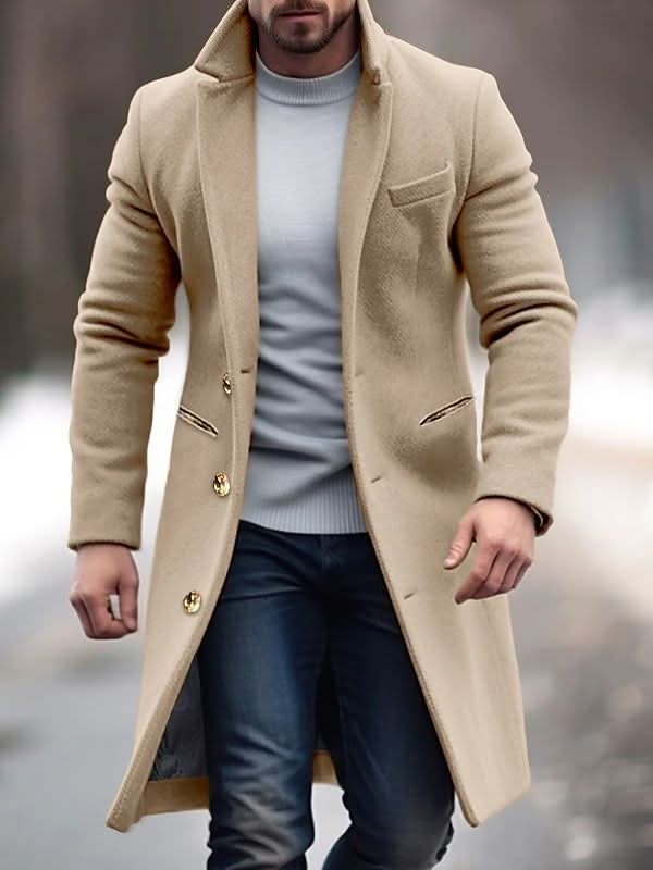 Slim fit ullblandning enkelknäppt trenchcoat för män