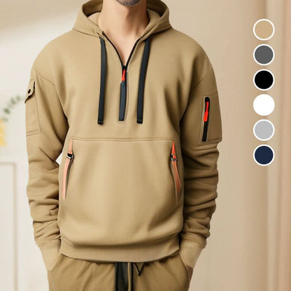 Men’s Hoodie - Halvdragkedja - Känguruficka med Dragkedja - Ribbad Kant - Avslappnad Passform