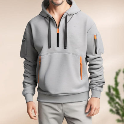 Men’s Hoodie - Halvdragkedja - Känguruficka med Dragkedja - Ribbad Kant - Avslappnad Passform