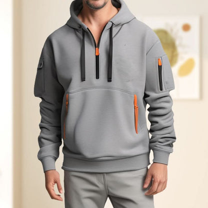 Men’s Hoodie - Halvdragkedja - Känguruficka med Dragkedja - Ribbad Kant - Avslappnad Passform