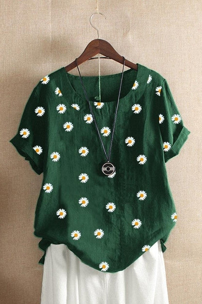 Dam T-shirt – Avslappnad Passform – Blommigt Tryck – Kort Ärm – Andningsbart Tyg