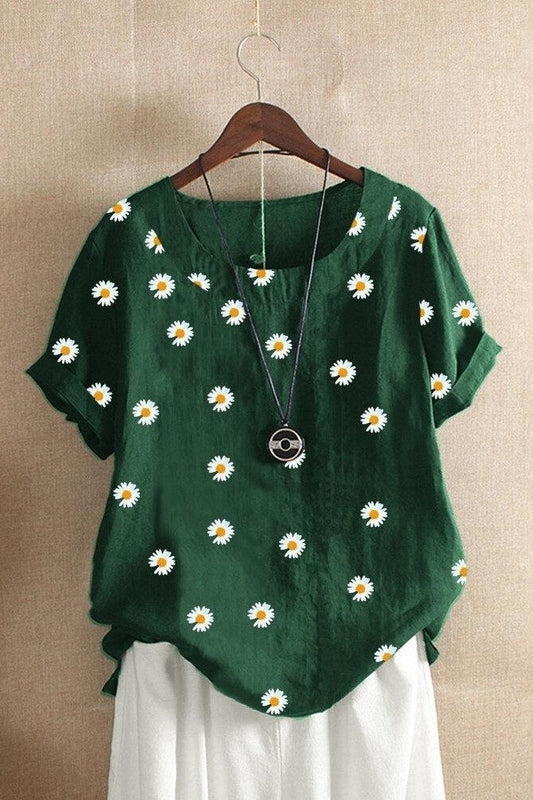 Dam T-shirt – Avslappnad Passform – Blommigt Tryck – Kort Ärm – Andningsbart Tyg