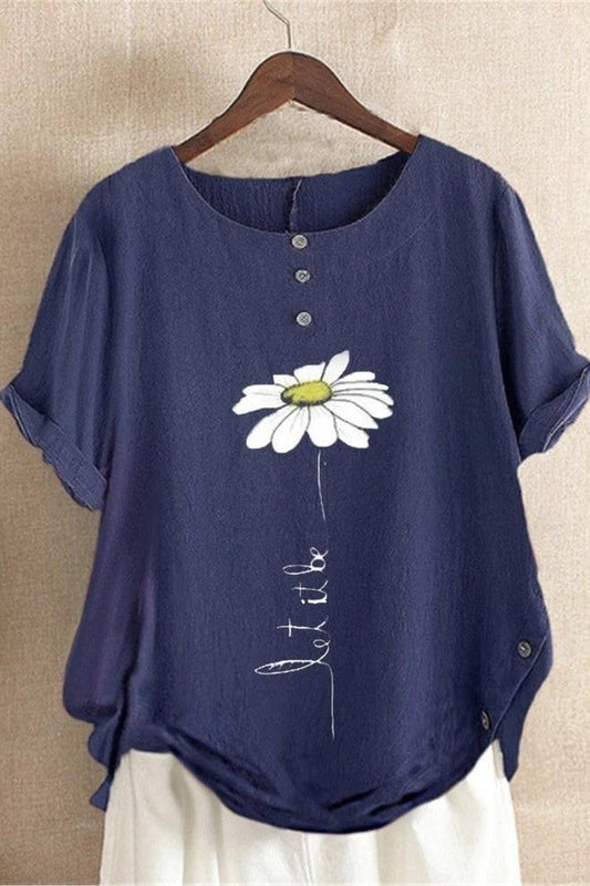 Dam T-shirt – Avslappnad Passform – Rund Hals – Andningsbart Tyg – Blomtryck