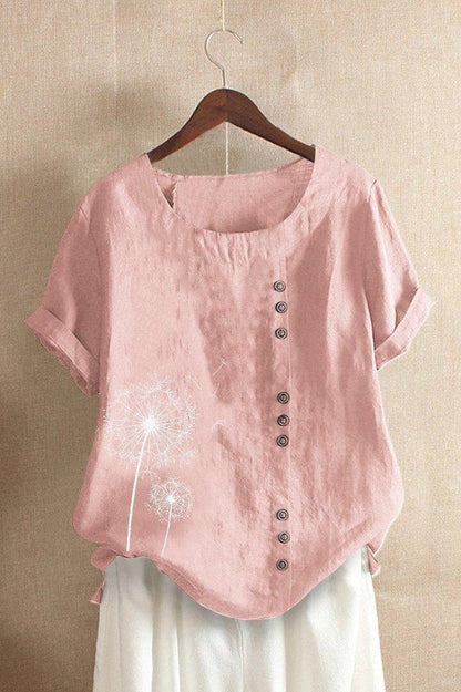 Dam T-shirt – Avslappnad Passform – Naturliga Fibrer – Blommigt Tryck – Rund Hals – Upprullade Ärmar – Dekorativa Knappar