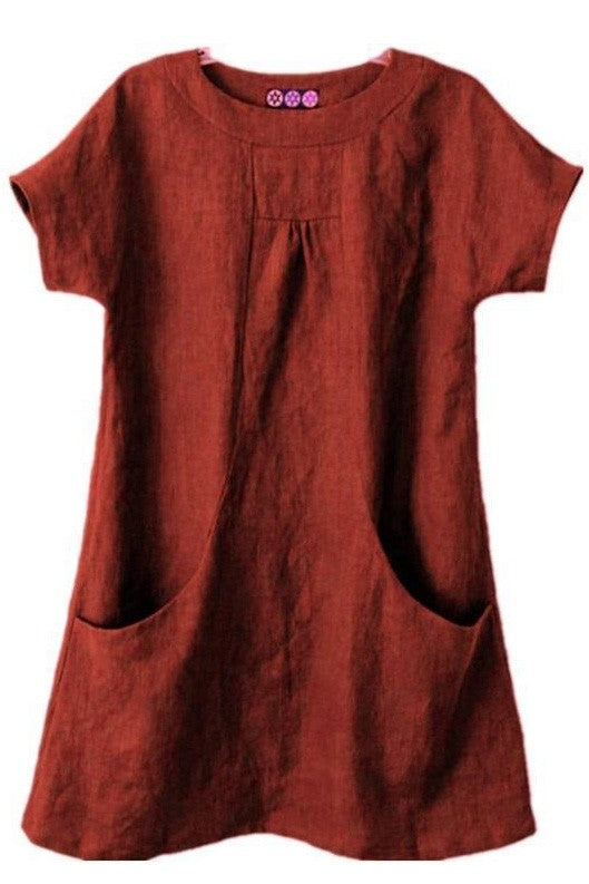 Damklänning – Avslappnad Passform – Naturliga Fibrer – Kort Ärm – Framfickor