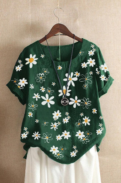 Dam T-shirt – Avslappnad Passform – Blommigt Mönster – Mjukstickad – Kort Ärm