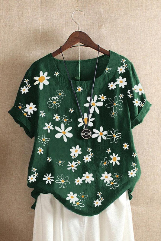 Dam T-shirt – Avslappnad Passform – Blommigt Mönster – Mjukstickad – Kort Ärm