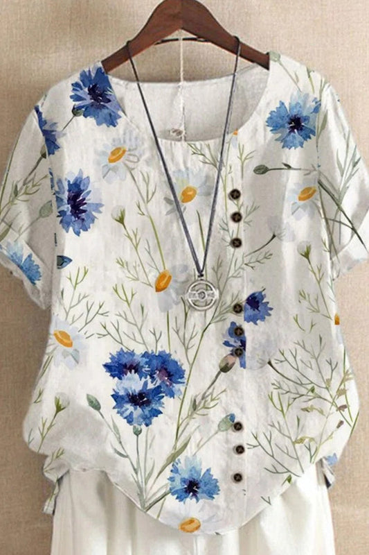 Dam T-shirt – Avslappnad Passform – Blommigt Tryck – Dekorativa Knappar – Mjuk Andningsbar Textil