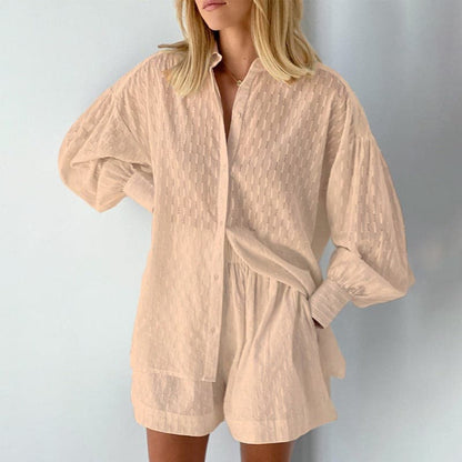 Dam Set – Tvådelat Set med Skjorta & Shorts – Avslappnad Passform – Knappdetaljer