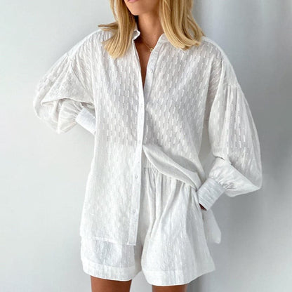 Dam Set – Tvådelat Set med Skjorta & Shorts – Avslappnad Passform – Knappdetaljer