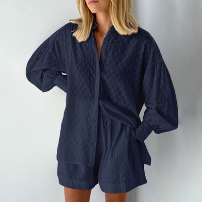 Dam Set – Tvådelat Set med Skjorta & Shorts – Avslappnad Passform – Knappdetaljer