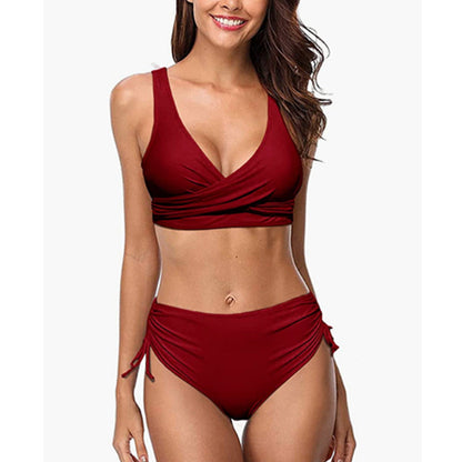 Dam Bikini Set – Omlottöverdel V-ringning – Hög Midja – Justerbar Passform