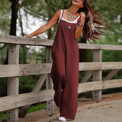 Dam Jumpsuit - Bred Passform - Ankellång - Tunnaxlad med Fickor - Avslappnad Stil