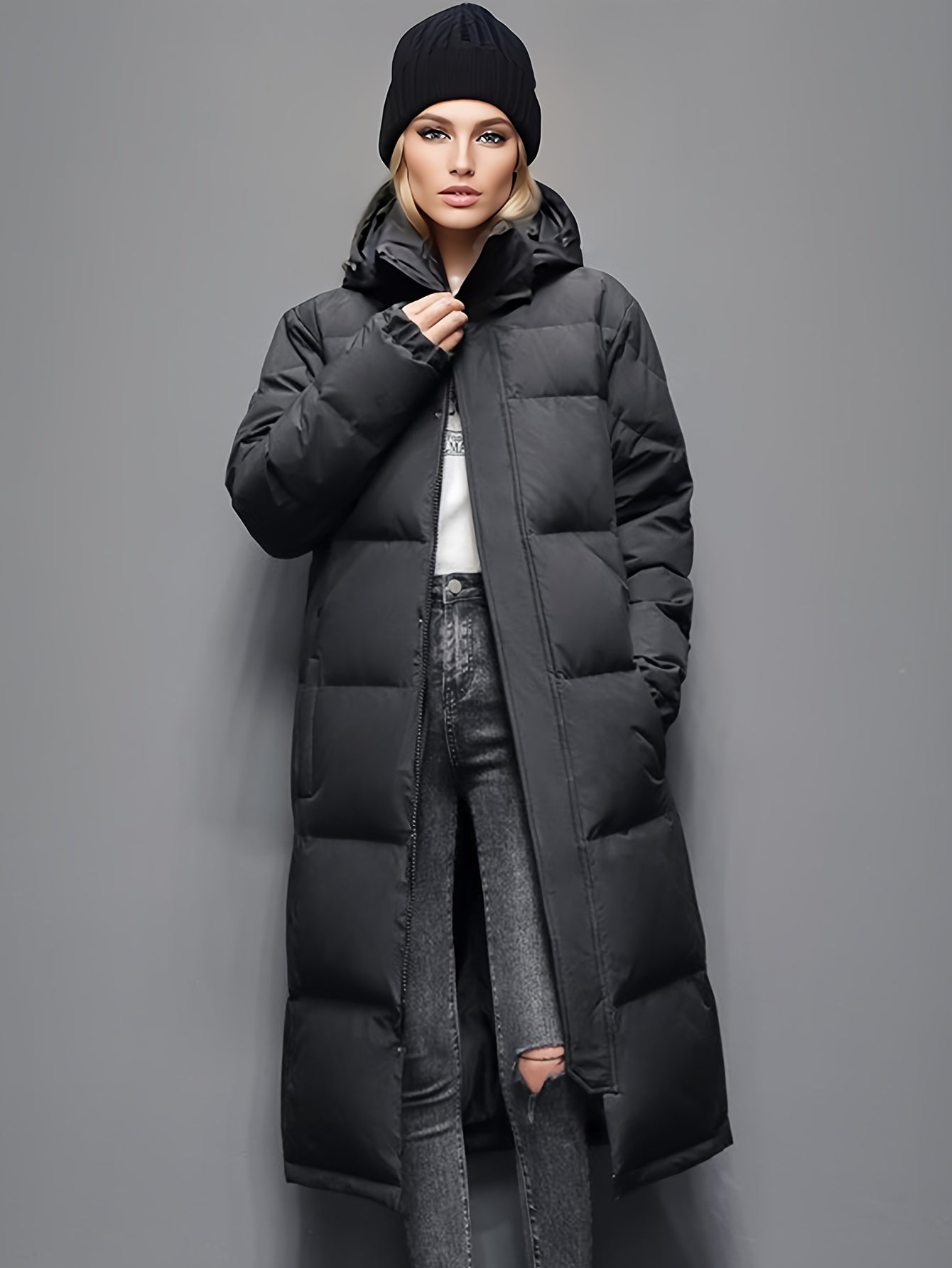 Dam lång dunjacka – Oversized passform – Quiltad – Huva – Hellång – Isolerad