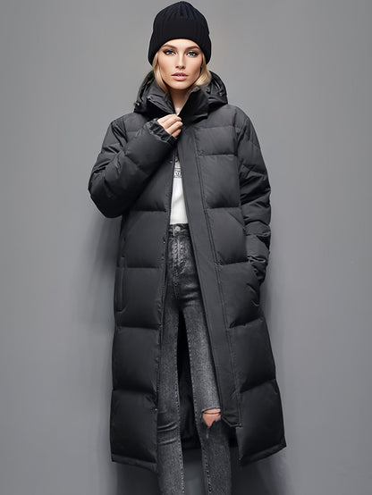 Dam lång dunjacka – Oversized passform – Quiltad – Huva – Hellång – Isolerad