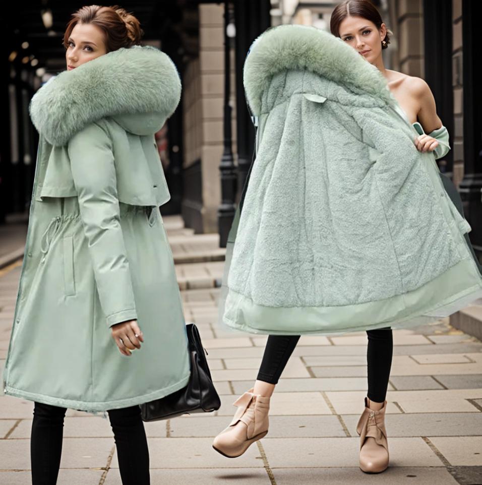 Damjacka – Vadderad – Vattenavvisande – Avslappnad Passform – Fuskpälsluva – Knälång