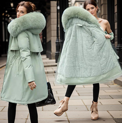 Damjacka – Vadderad – Vattenavvisande – Avslappnad Passform – Fuskpälsluva – Knälång