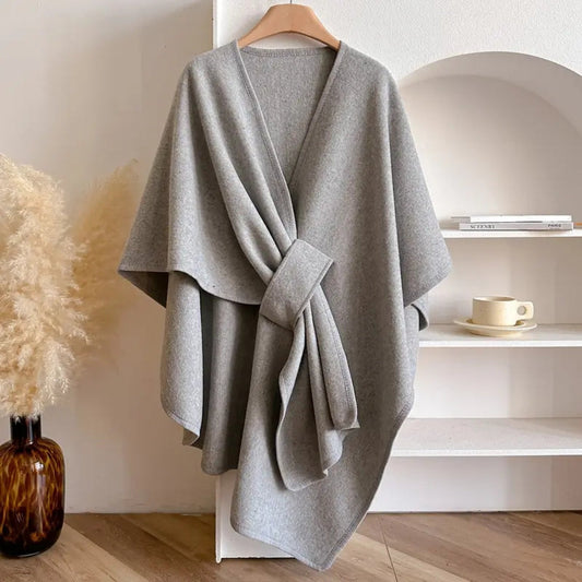 Dam Poncho Kappa – Ull – Avslappnad Passform – Midjebälte – Draperad Design