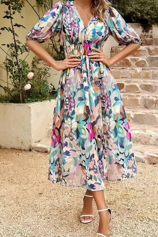 Damklänning – Flowy Passform – V-ringning – Puffärm – Blommigt Mönster – Midilängd