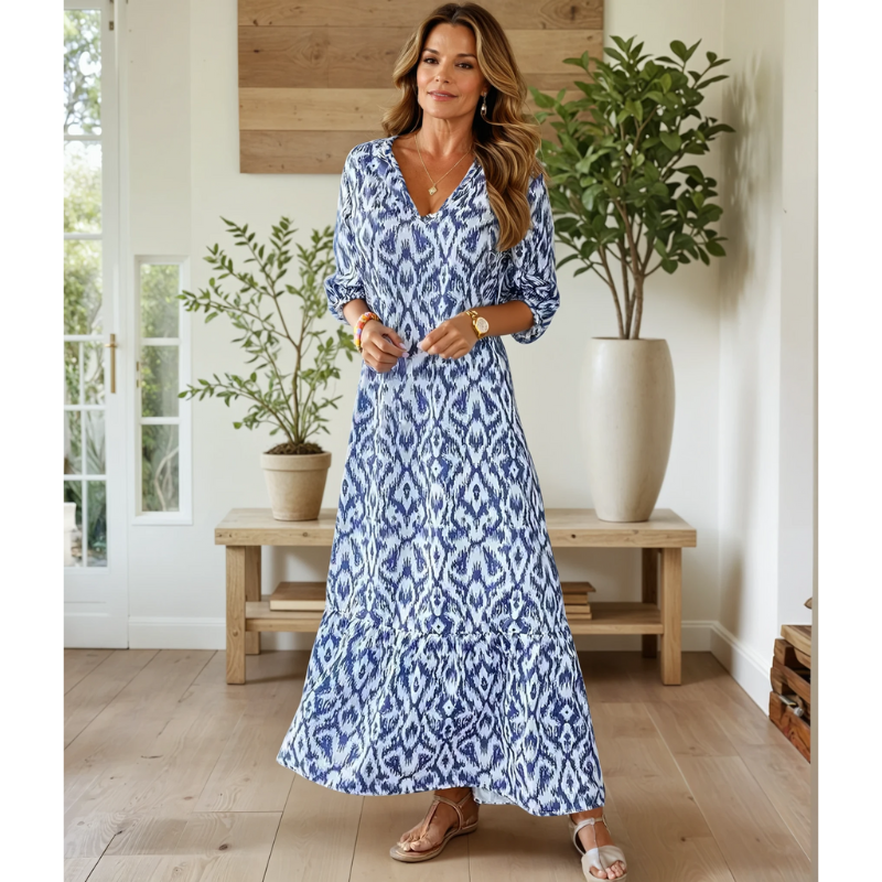 Damklänning maxi – Avslappnad passform – V-ringning – Kort ärm – Boho med tofsar